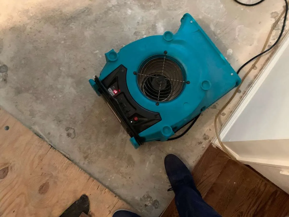 Air mover drying subfloor during Commercial Water Damage Restoration in Santa Monica